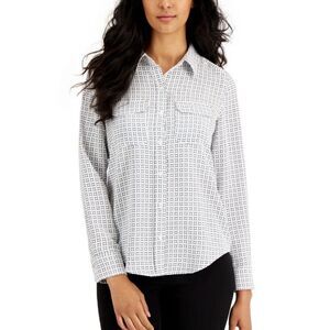 Alfani Women's White Geometric Print Long Sleeve Button-Down Shirt L